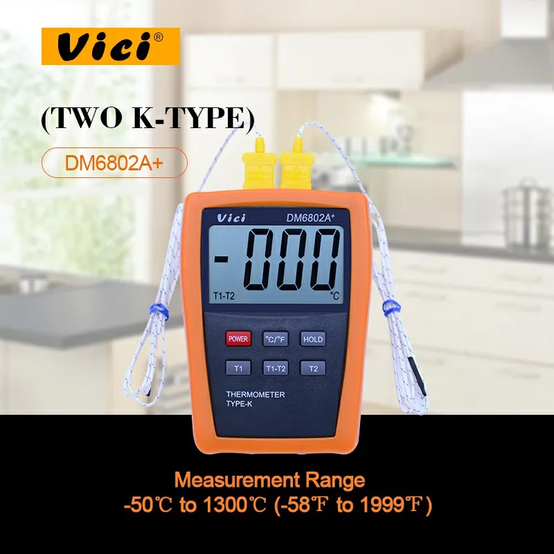 

VICI DM6802A+ Digital Thermometer Temperature Meter with two k type thermocouple probe high resolution Measuring -50-1300 Degree