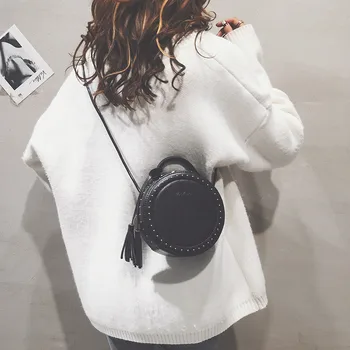 

Mini Fashion Round Shoulder Bags for Women 2019 New Tassel Rivets Tote Luxury Handbags Small Circular Crossbody Messenger Bag