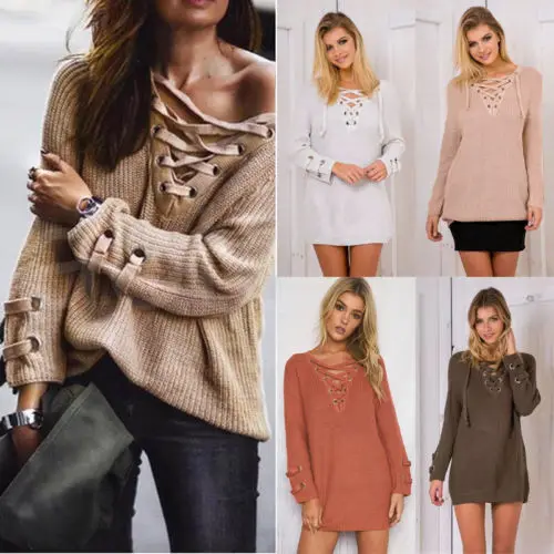 

New Women Loose Long Sleeve Loose Eyelet Lace up Chic V Neck Warm Fashion Autumn Winter Knitted Sweater Ladies Casual Tops