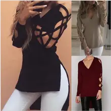 BKLD Новые Сексуальные женские выдалбливают с длинным рукавом рубашки футболка мода весна осень v-образный вырез Высокий Низкий Сплит Топ длинный