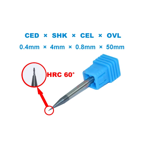 

HRC60 Micro Flute diameter mill 0.4mm x 4mm x 0.8mm x 50mm End Mill Cutter