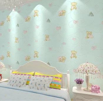 

Cartoon Bear Embossed Wallpaper Roll Flocked Non-woven Wall Paper for Boy Girl Bedroom Wedding Room Background Wallcoverings