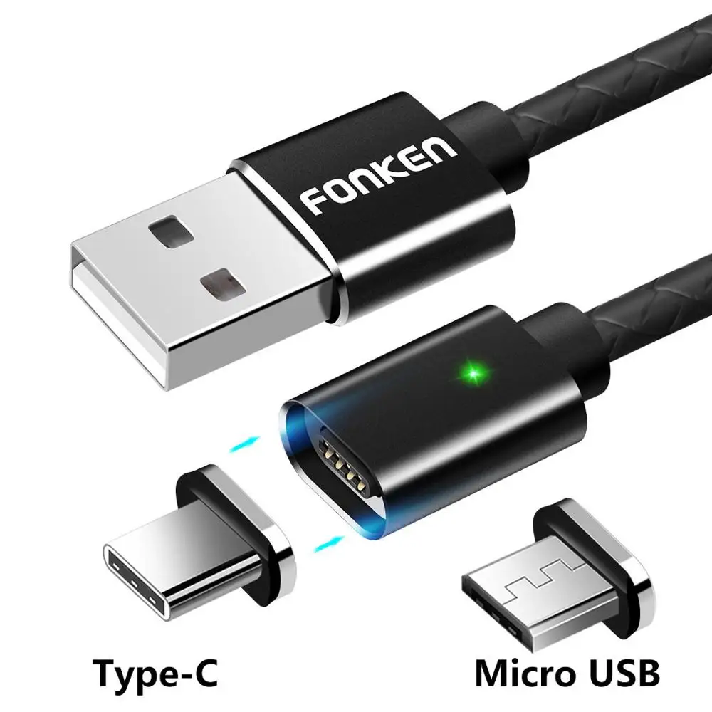 FONKEN 2 в 1 Micro USB Магнитный кабель usb type-C Магнитный кабель для телефона 1 м светодиодный кабель из искусственной кожи для зарядки и синхронизации данных - Цвет: 2 plug 1 Black cable