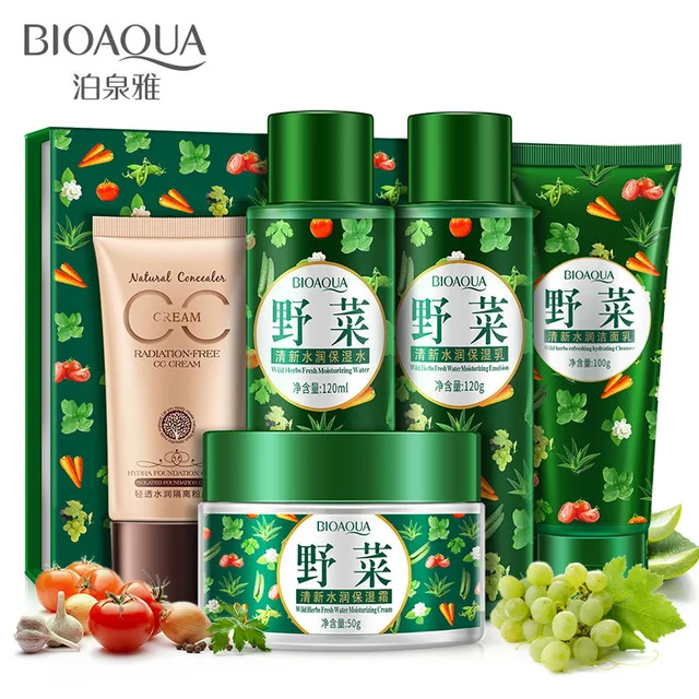 

Bioaqua Brand Fresh Vegetables Set Cream+Toner+Cleanser+Moisturizing Water+Foundation Cream Acne Treatment Facial Skin Care Set