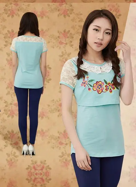 Nursing Tops Breastfeeding Cotton Embroidery Wear Blouses Maternity Clothing Pregnant Women Nurse T Shirts Pregnancy Clothes
