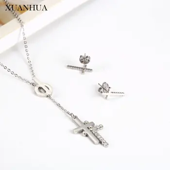 

XUANHUA Stainless Steel Jewelry Woman Vogue 2019 Cross Necklace Earrings Set Gifts For Women Jewelry Accessories Chain