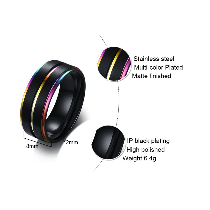 NEWBUY Cool Thin Rainbow Line Wedding Rings for Men 8MM Black Stainless Steel Boy Anel Masculino Matte Finished Accessories