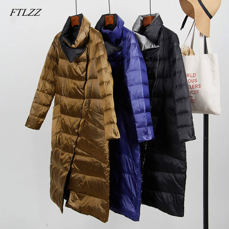 

FTLZZ Women New White Duck Down Ultra Light Jacket Coat Winter Double Sided Slim Down Coat Single Breasted Parkas