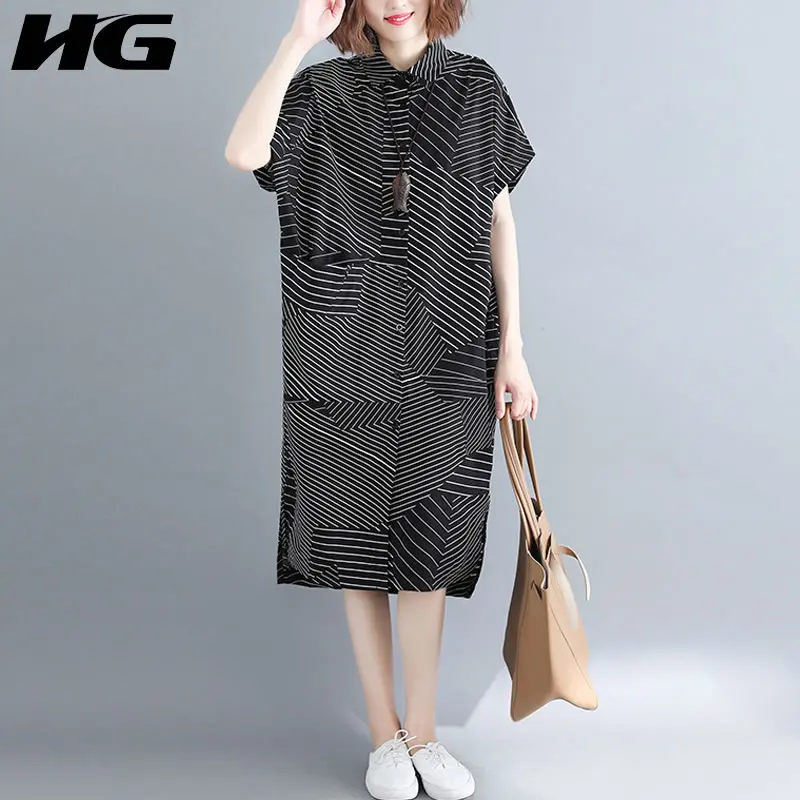 

HG Retro Striped Plus Size Midi Dress Summer Clothes for Women Short Sleeve Cardigans 2019 New Casual Loose Simple WLD1611