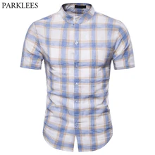 Мужская клетчатая рубашка для отдыха Лето с коротким рукавом Slim Fit Мужская одежда рубашки бренд стенд воротник Бизнес Повседневная рубашка 2XL
