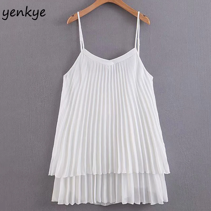 

2019 Women Sexy Spaghetti Strap Layered Pleated Dress Lady Backless Sleeveless V Neck Mini Summer Chiffon Dress beach vestidos