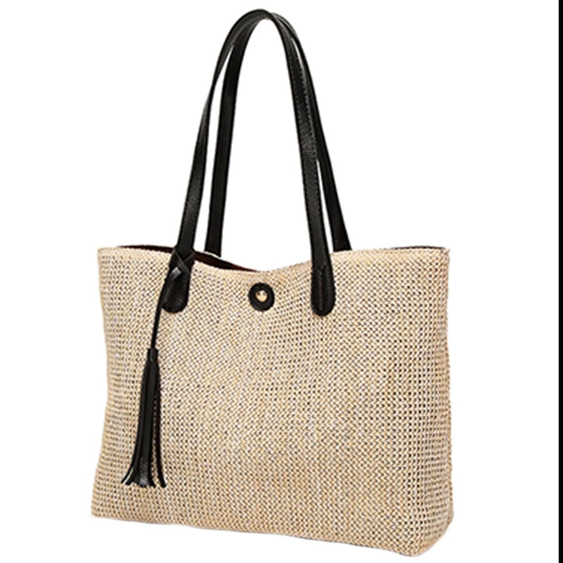 

Fashion Beach Bag For Summer Big Flower Straw Bag Handmade Woven Shoulder Bags Ladies Shopping Travel Tote Bag(Black)