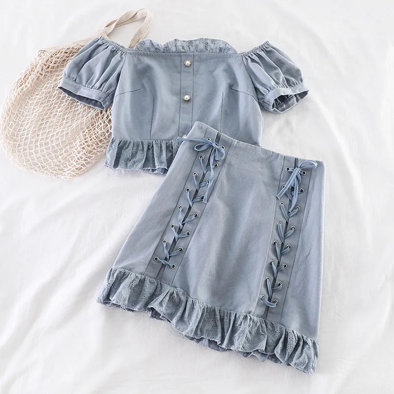 

2019 new fashion women's two piece set Sweet lace short top high waist straps hip skirt two sets of tide J770
