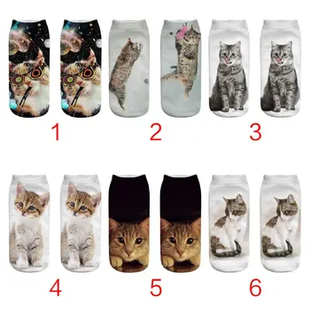 

Women Girl Cute 3D Playing Jumping Meow Cat Printed Low Cut Short Boat Socks Digital Printing Rib Trim Funny Casual Tube Hosiery