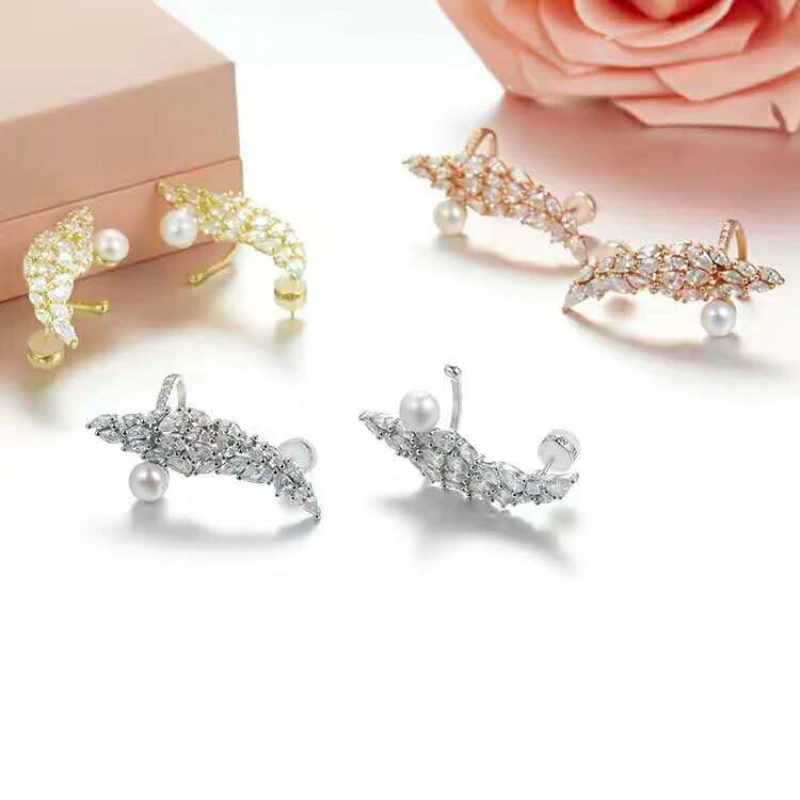 

S925 Sterling Silver with Zircon Leaves Pearl Stud Earrings for Monaco Jewelry with Women's Party Gift Earrings