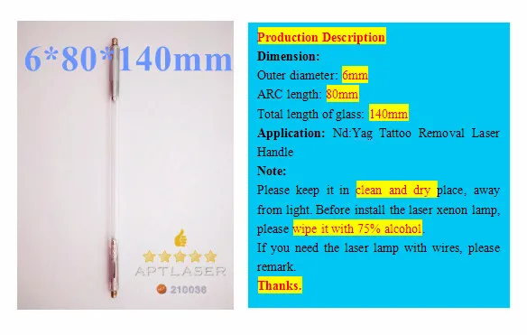 

ND YAG laser xenon lamp 6*80*140 installed in q-switched ND YAG handle/handpiece