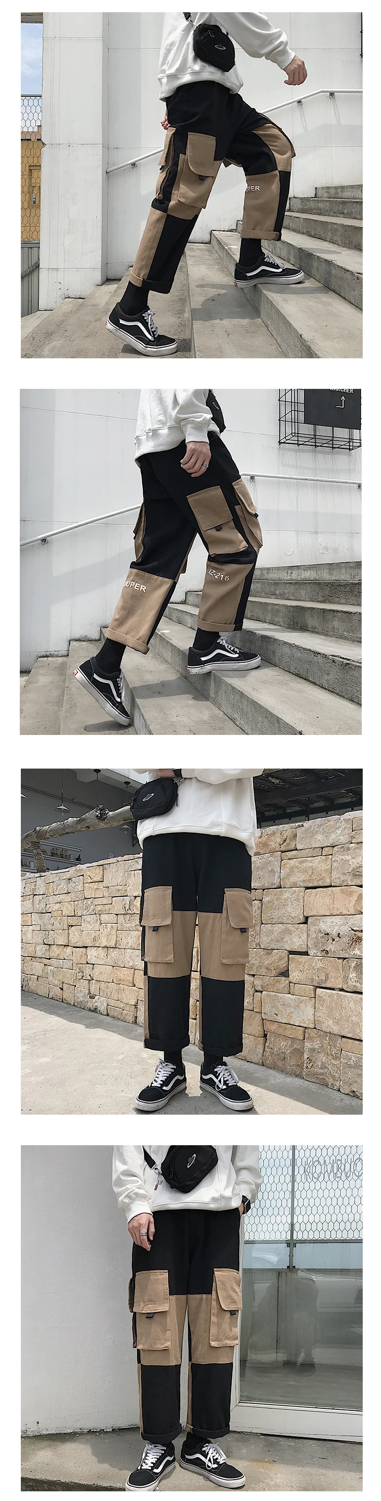2019 Модный японский уличный лоскутный комбинезон с карманами для отдыха мужские прямые брюки уличная хип-хоп спортивные брюки