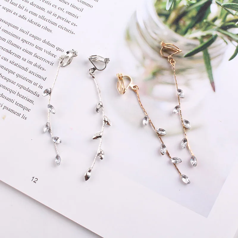 Ear clip earrings charm long crystal rhinestone statement clip on for girls wedding