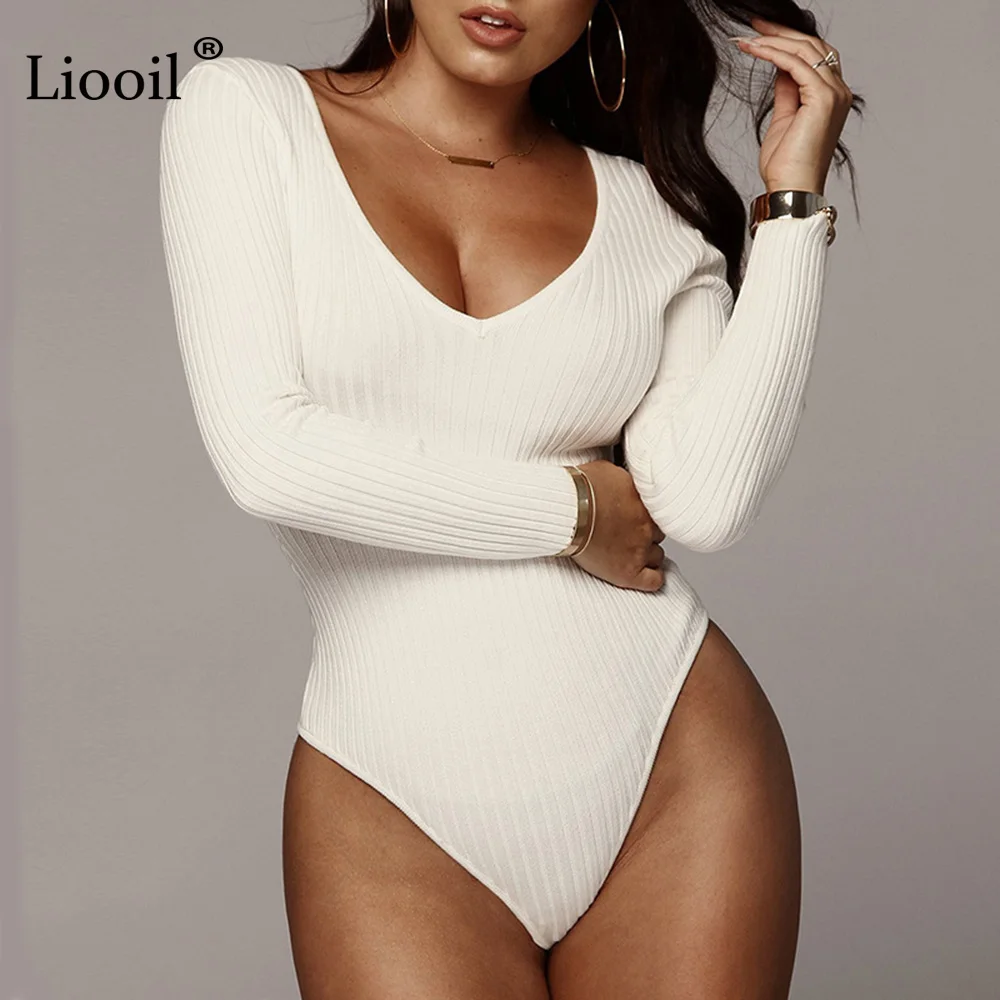 Liooil Сексуальная Bodycon вязаные комбинезоны черный, белый цвет Комбинезоны для Для женщин 2019 Весна длинным рукавом с v-образным вырезом