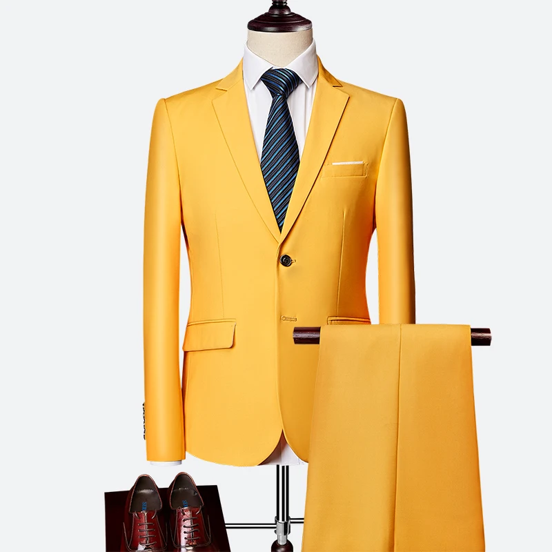 Мужской костюм, деловой синий однотонный модный костюм с двойной пряжкой, весенне-летний костюм из двух частей для работы и отдыха, банкета, вечерние, свадебные платья - Цвет: Цвет: желтый