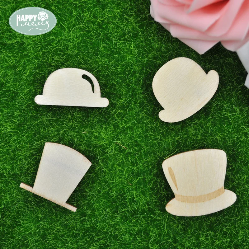 

Happymems Wood Shapes Hat 24pcs/lot 4 Styles Mixed DIY Crafts Scrapbooking Natural Wooden Shape Hat Caps DIY Home Decoration