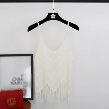 

Hot Sale 2019 Fashion Women Tassel Sexy Camis Spaghetti Strap V-Neck Knitted Tank Top Solid Hollow Out Summer Tops