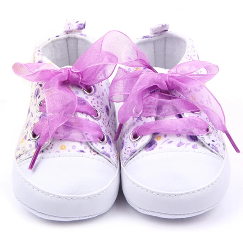 Детская обувь с цветочной лентой; кружевные кроссовки для маленьких девочек; ботинки для самых маленьких - Цвет: Фиолетовый