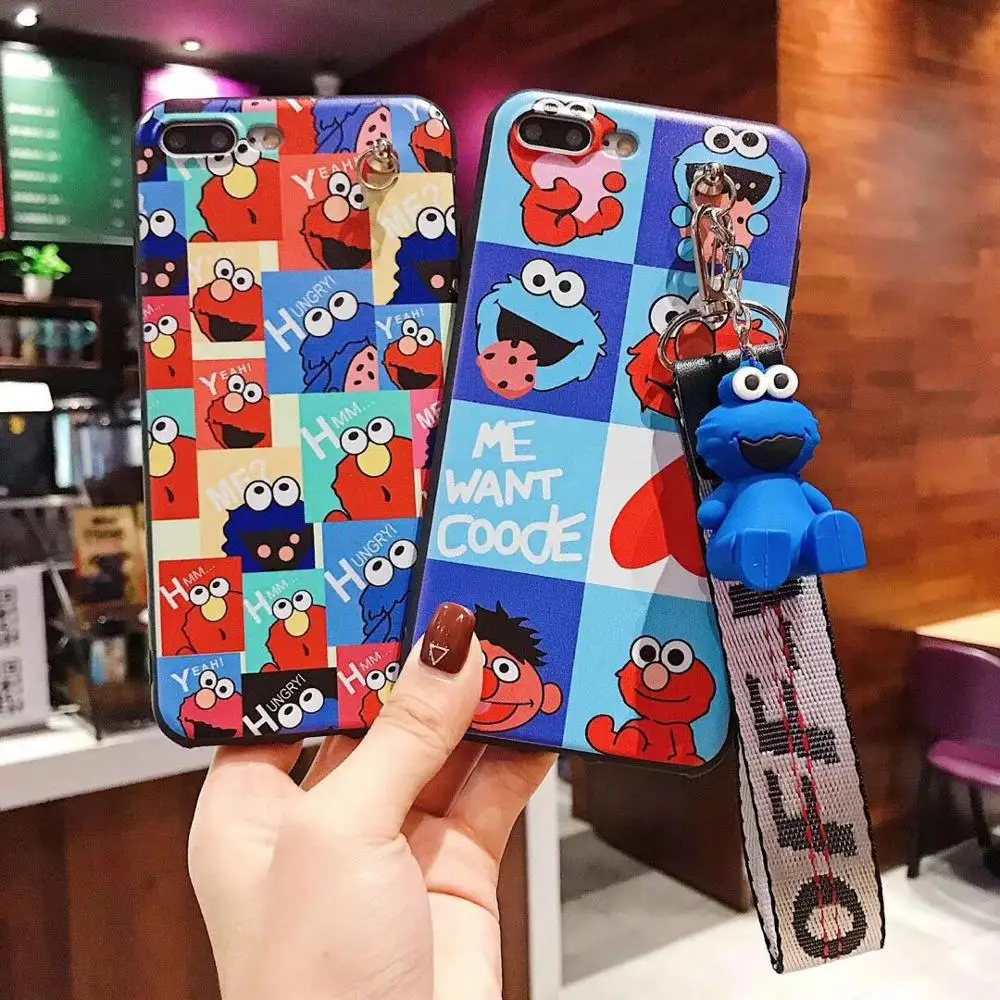 

3D cute sesame street cookie multi-function fashion doll bracket + lanyard TPU cover for iphone MAX XS XR 7 8 plus X phone cases