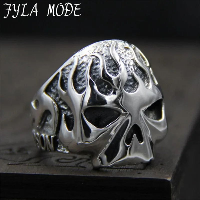 

FYLA MODE 2017 S925 Sterling Silver Cool Motorcycle Biker Fire Skull Ring Special Fashion Jewelry 23MM Width 15.50G PBG058