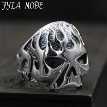 FYLA MODE 2017 S925 Sterling Silver Cool Motorcycle Biker Fire Skull Ring Special Fashion Jewelry 23MM Width 15.50G PBG058