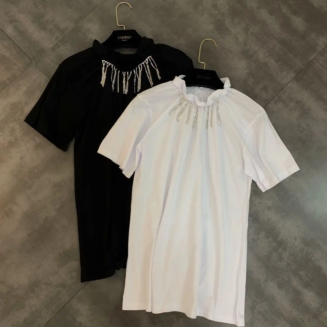 

2019 summer new three-dimensional flower collar fringed drill strip decorative T-shirt
