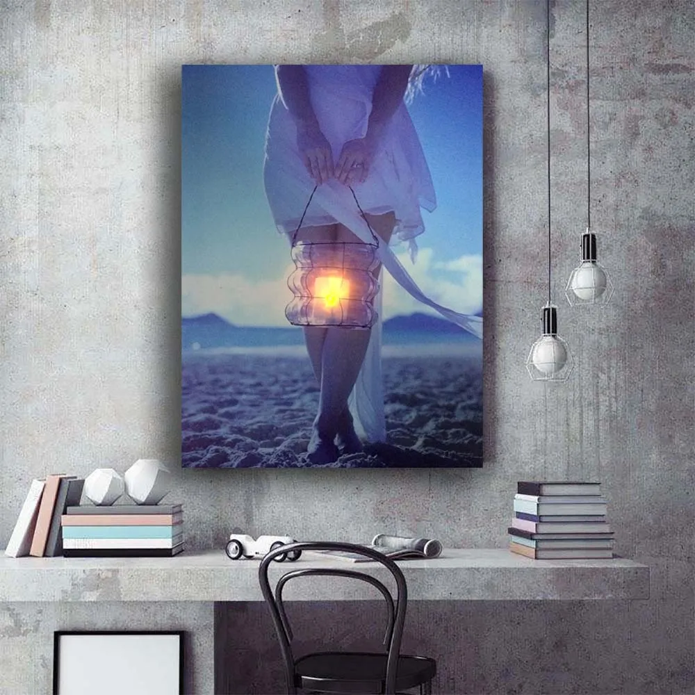 

Beautiful girl with lantern on beach wall picture led flicking canvas art plaque painting artwork with frame for home decorative