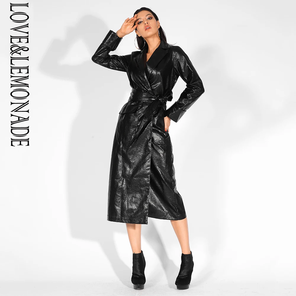 

Love&Lemonade Black Lapels Loose Long Sleeves Reflective PU Material Coat (With Belt) LM81451BLACK