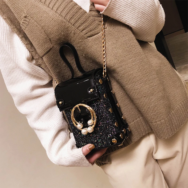 

Women's Brand Designer Handbag Female Vintage Bag Pear Ring PU Leather Women Messeng Bag Sequins Portable Shoulder bags