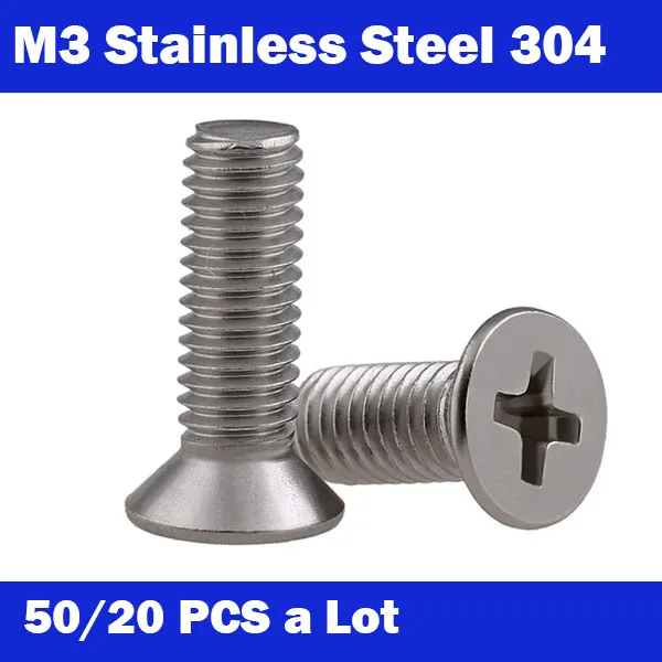 

Free shipping M3*4-80mm 50/20Pcs a lot DIN965 GB819 304 Stainless Steel Screws Flat Head Countersunk Phillips Machine Screw