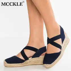 MCCKLE/женские босоножки на платформе из пеньки; обувь на танкетке без застежки; женская обувь из флока на высоком каблуке с эластичной лентой
