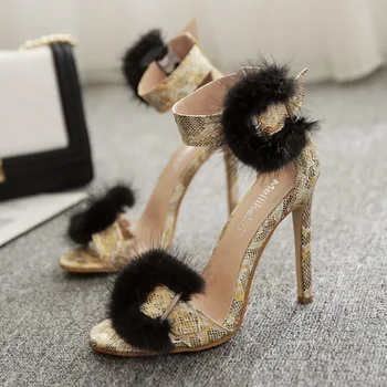 

Summer new European and American sandals fish mouth hairy snake pattern with stiletto high heels women
