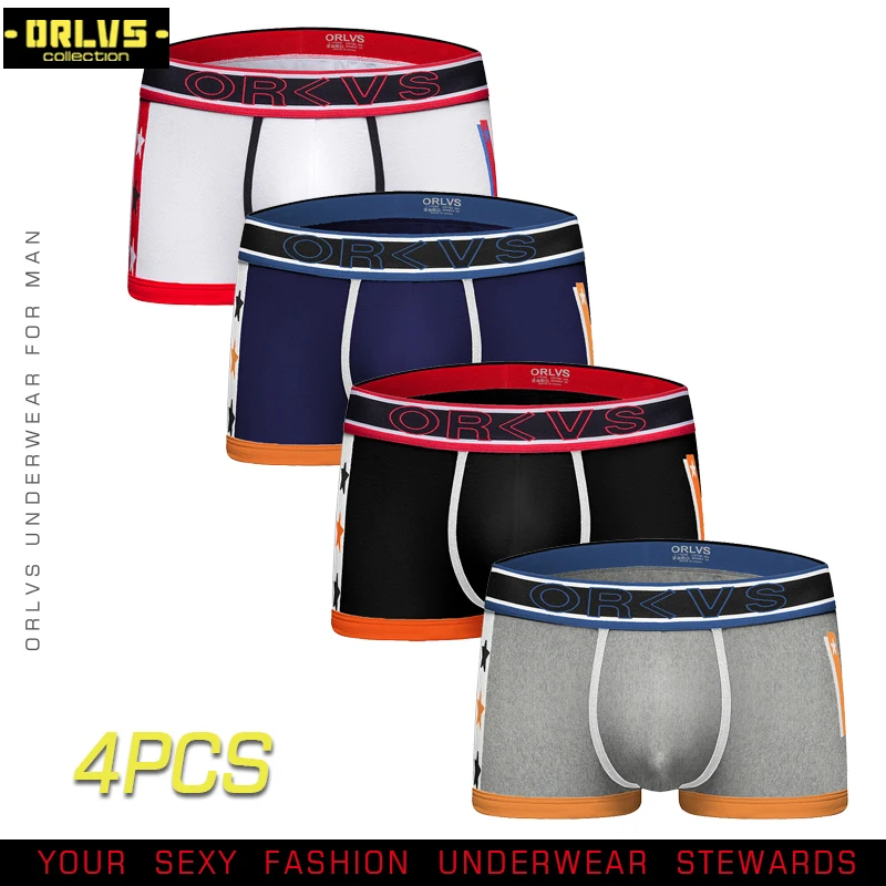 ORLVS 4 шт./лот, мужское нижнее белье, брендовые шорты-боксеры, подштанники, хлопковые мужские трусы, дышащие удобные боксеры, сексуальные мягкие трусы для геев