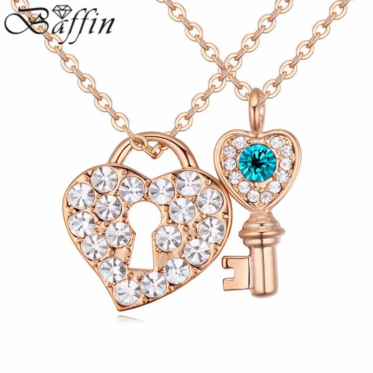 

New Love Necklaces Heart Key Pendants Made with Austrian Crystal maxi Colar Joyas for Lover's