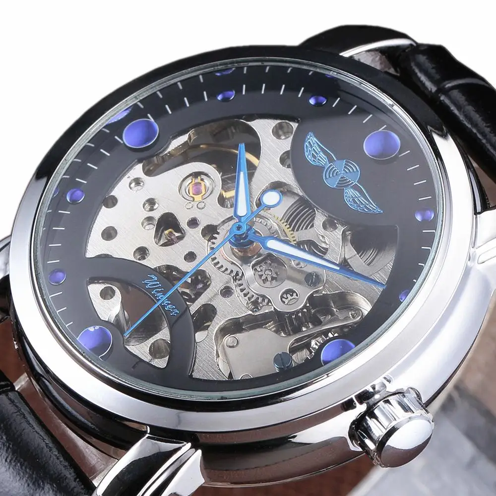 Winner Black Skeleton Designer Blue Engraving Clock Men Leather Strap