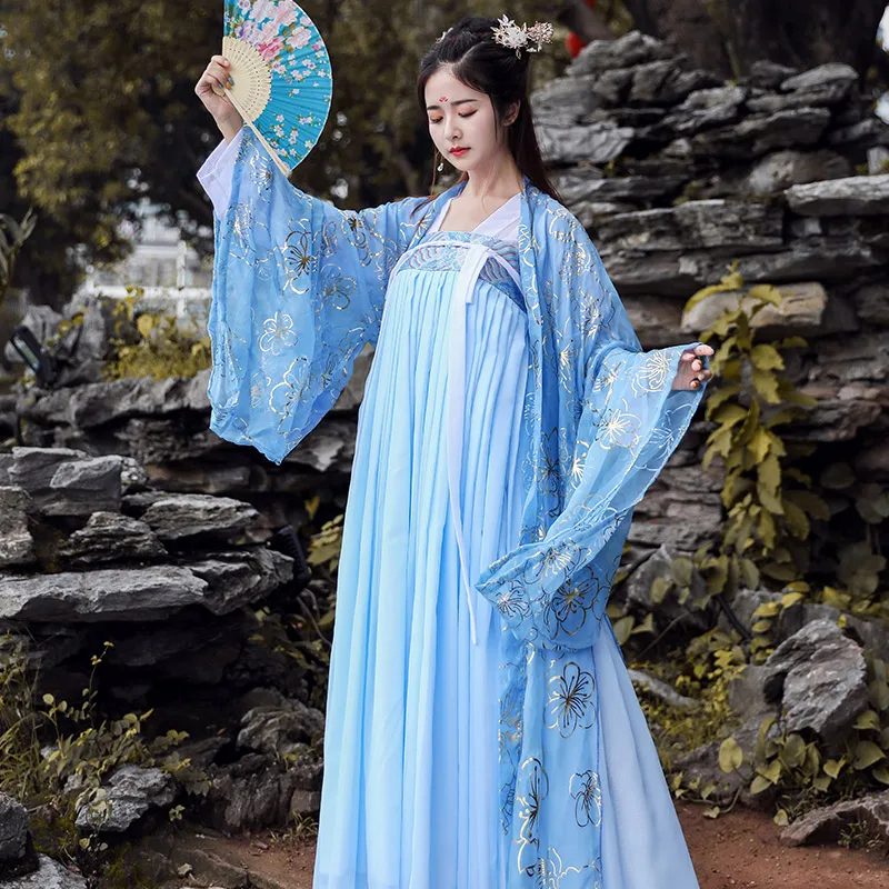 Синий Hanfu Женский костюм для китайского традиционного танца Костюм Восточный карнавальный наряд сказочное платье народная сценическая одежда DF1006