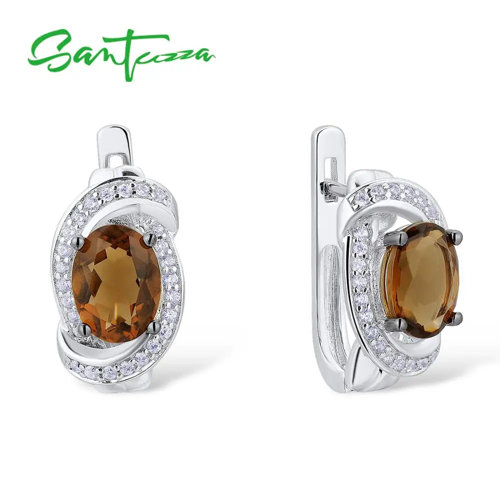 

SANTUZZA Silver Earrings For Women 925 Sterling Silver Stud Earrings Silver 925 with Oval Smoky Crystal brincos Fashion Jewelry
