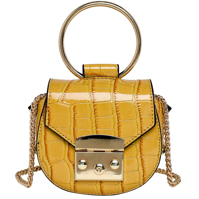 

Stone pattern Mini Saddle Bag Metal Ring Tote bag 2019 New Quality Leather Women's Handbag Lock Chain Shoulder Messenger Bag