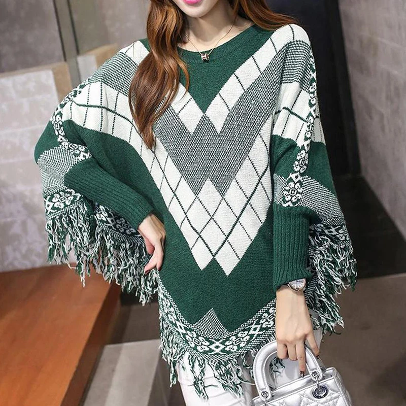 Autumn Winter Women Sweaters Knitted Coat Tassel Cloak Sweater Female Long Batwing Sleeve Jumper Tops Pullovers Oversize Ladies