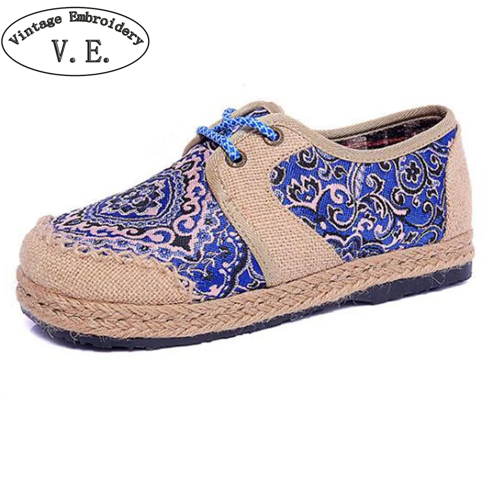 

Thailand Women Linen Shoes Vintage Boho Cotton Canvas Floral Embroidered Flats Cloth Lace Up Soft Woven Round Toe Shoes Woman