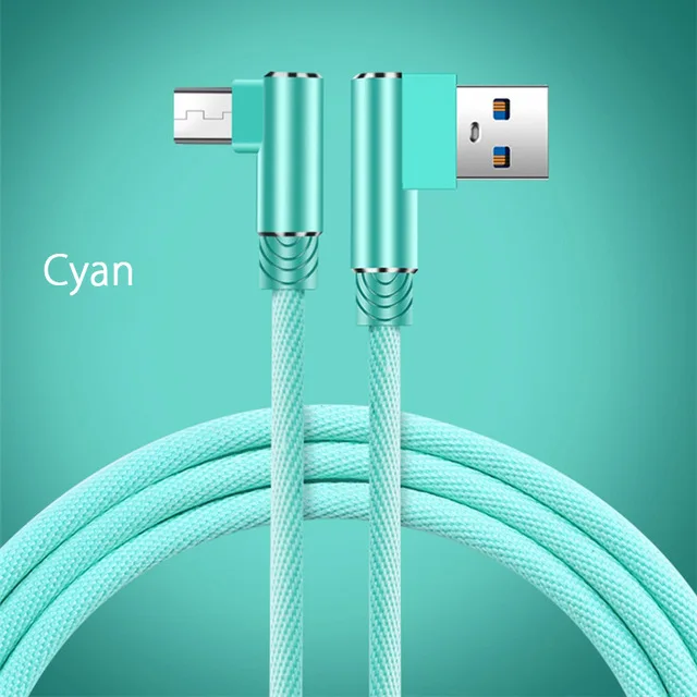 90 градусов Micro Usb телефонный кабель 3 м 2 м длинный Usb кабель для передачи данных для huawei P10 Lite P Smart Plus Y9 Asus телефон Lenovo зарядное устройство провода - Цвет: Cyan