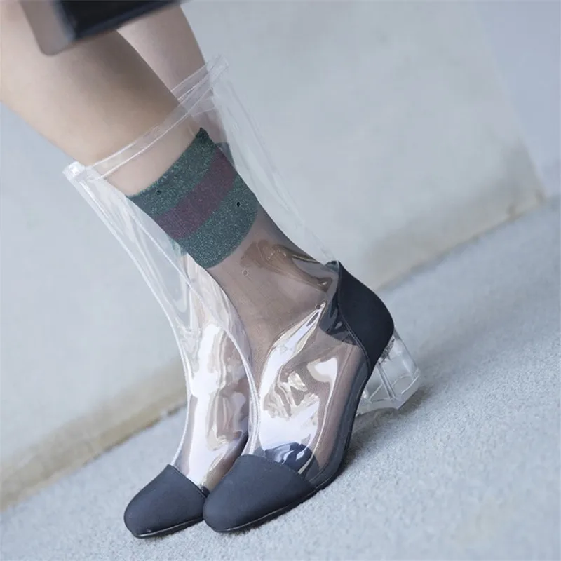 Pluie Transparent White black Cheville Femme Sexy Genou Pour Bottes Pvc Sandales Femmes Short Long Haute Chaussures De Moyen black Talons Short 2018 Long D'été white pHrTpn
