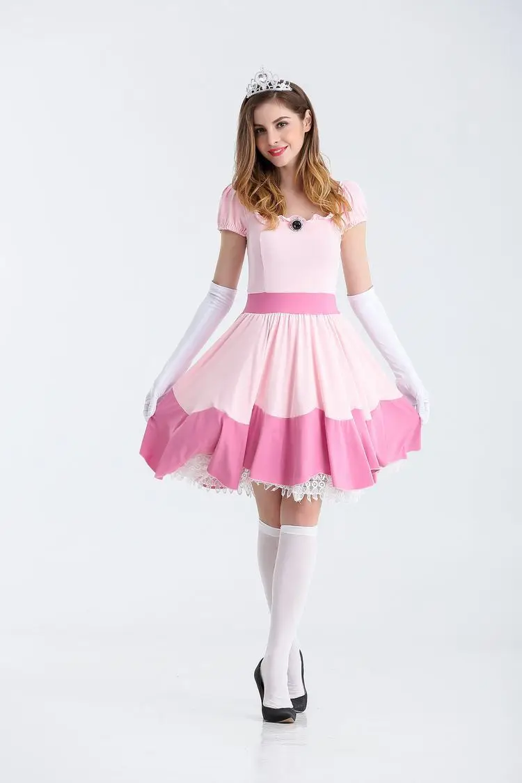 

Newest Deluxe Adult Princess Peach Costume Women Super Mario Brothers Party Cosplay Halloween Costumes For Women Pink Dress