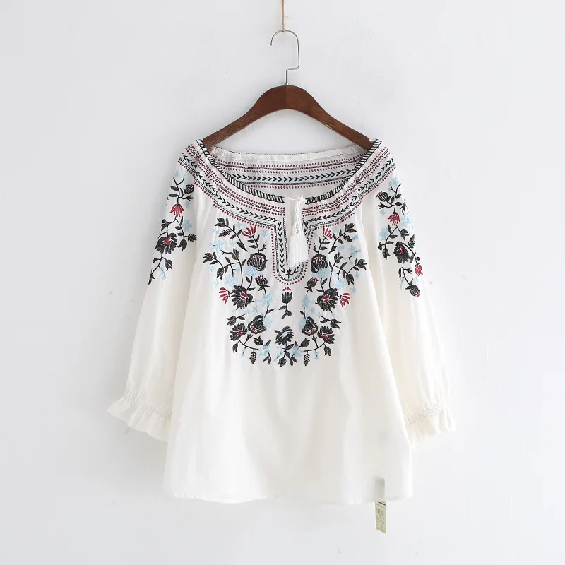 Gypsy Ethnic Cotton Embroidery Blouse Women Tribe Tussle Tie Neck Shirt