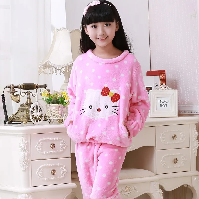 

New 2017 Girls Pajamas Warm Thicken Autumn Winter Flannel Pijamas Mujer Children coral fleece cartoon Pajamas for Kids pijamas